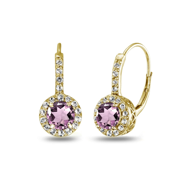 Yellow Gold Flashed Sterling Silver Created Alexandrite & White Topaz Round Dainty Halo Leverback Earrings
