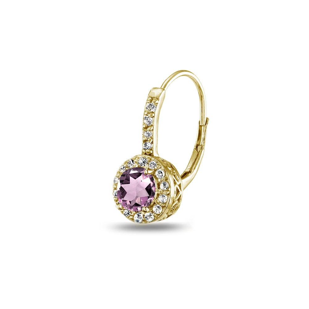 Yellow Gold Flashed Sterling Silver Created Alexandrite & White Topaz Round Dainty Halo Leverback Earrings-3