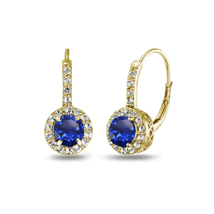 Yellow Gold Flashed Sterling Silver Created Blue Sapphire & White Topaz Round Dainty Halo Leverback Earrings