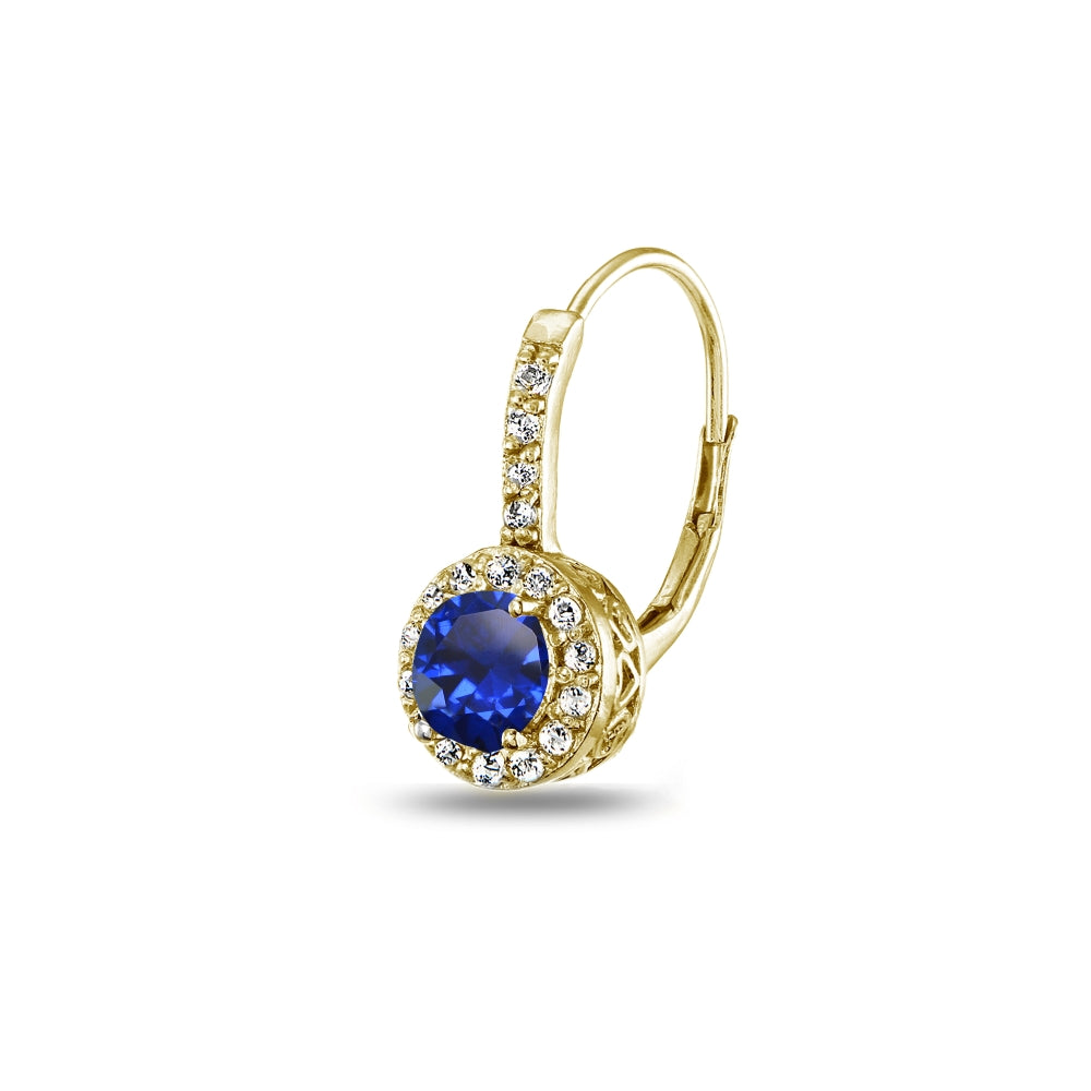 Yellow Gold Flashed Sterling Silver Created Blue Sapphire & White Topaz Round Dainty Halo Leverback Earrings-3