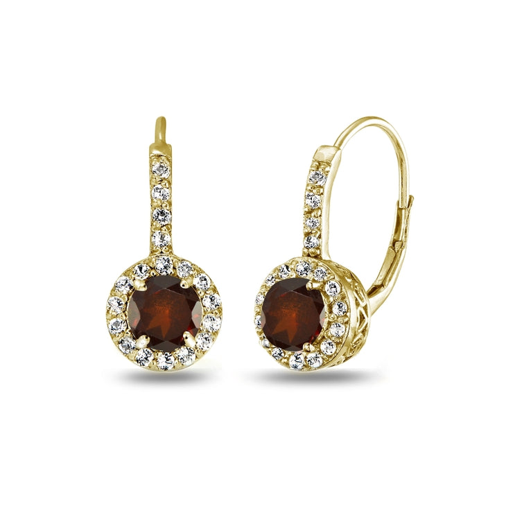 Yellow Gold Flashed Sterling Silver Garnet & White Topaz Round Dainty Halo Leverback Earrings