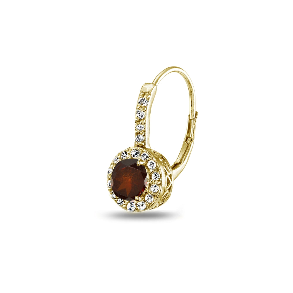 Yellow Gold Flashed Sterling Silver Garnet & White Topaz Round Dainty Halo Leverback Earrings-3