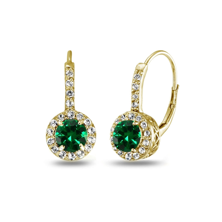 Yellow Gold Flashed Sterling Silver Created Emerald & White Topaz Round Dainty Halo Leverback Earrings