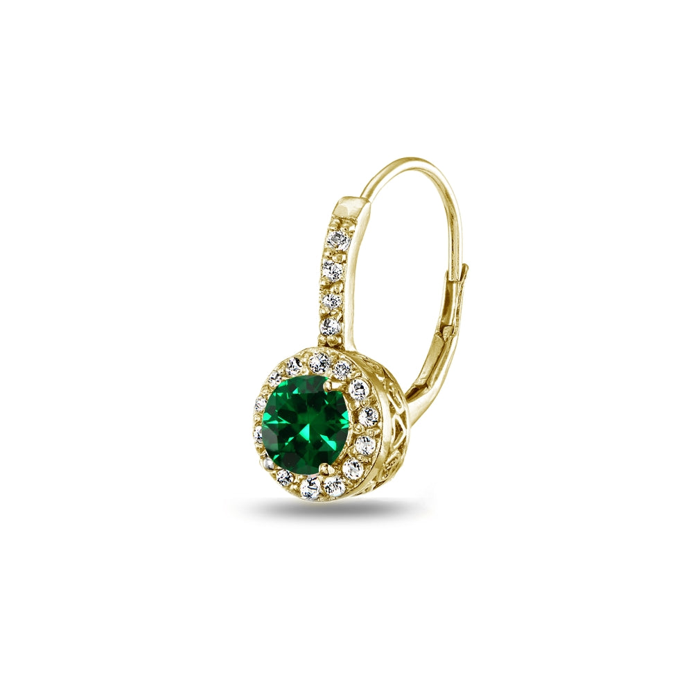 Yellow Gold Flashed Sterling Silver Created Emerald & White Topaz Round Dainty Halo Leverback Earrings-3