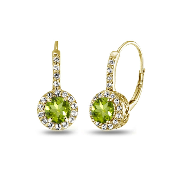 Yellow Gold Flashed Sterling Silver Peridot & White Topaz Round Dainty Halo Leverback Earrings