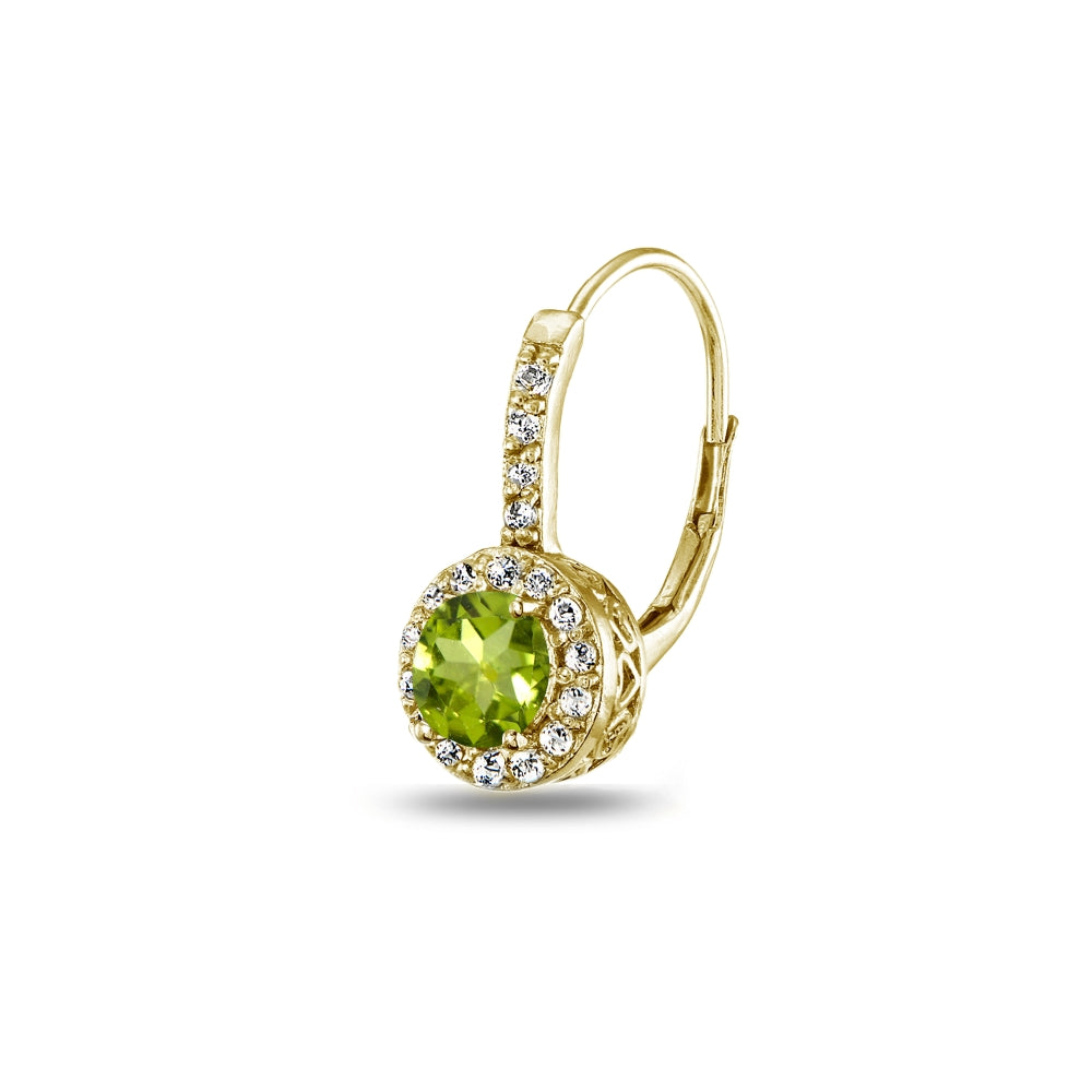 Yellow Gold Flashed Sterling Silver Peridot & White Topaz Round Dainty Halo Leverback Earrings-3