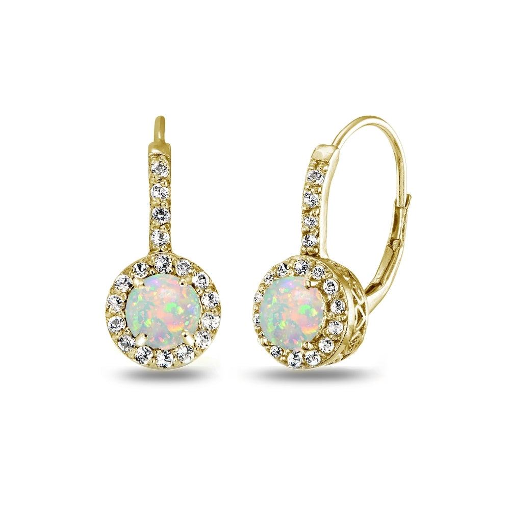 Yellow Gold Flashed Sterling Silver Created White Opal & White Topaz Round Dainty Halo Leverback Earrings
