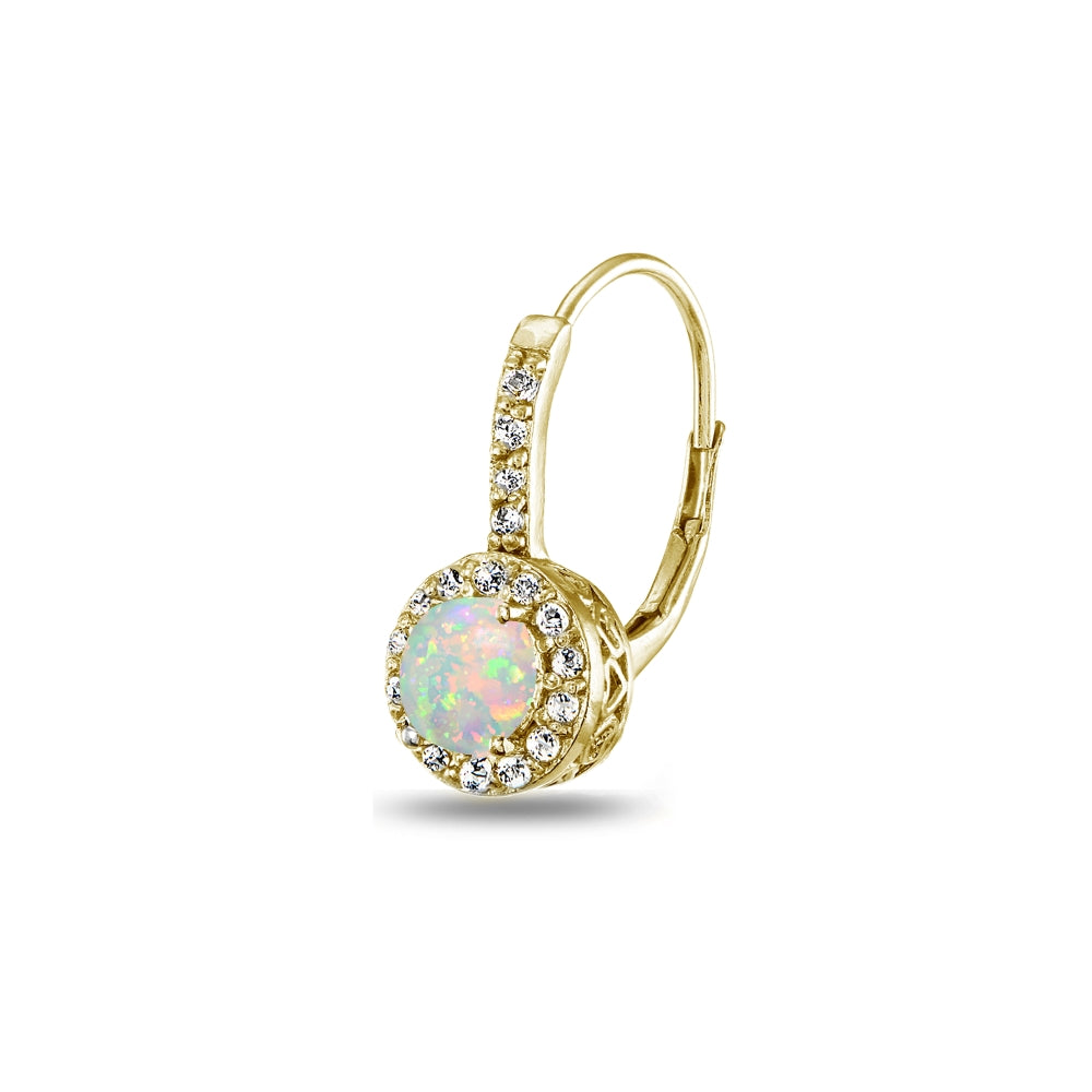 Yellow Gold Flashed Sterling Silver Created White Opal & White Topaz Round Dainty Halo Leverback Earrings-3