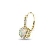 Yellow Gold Flashed Sterling Silver Created White Opal & White Topaz Round Dainty Halo Leverback Earrings