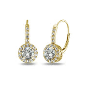 Yellow Gold Flashed Sterling Silver Cubic Zirconia Round Dainty Halo Leverback Earrings