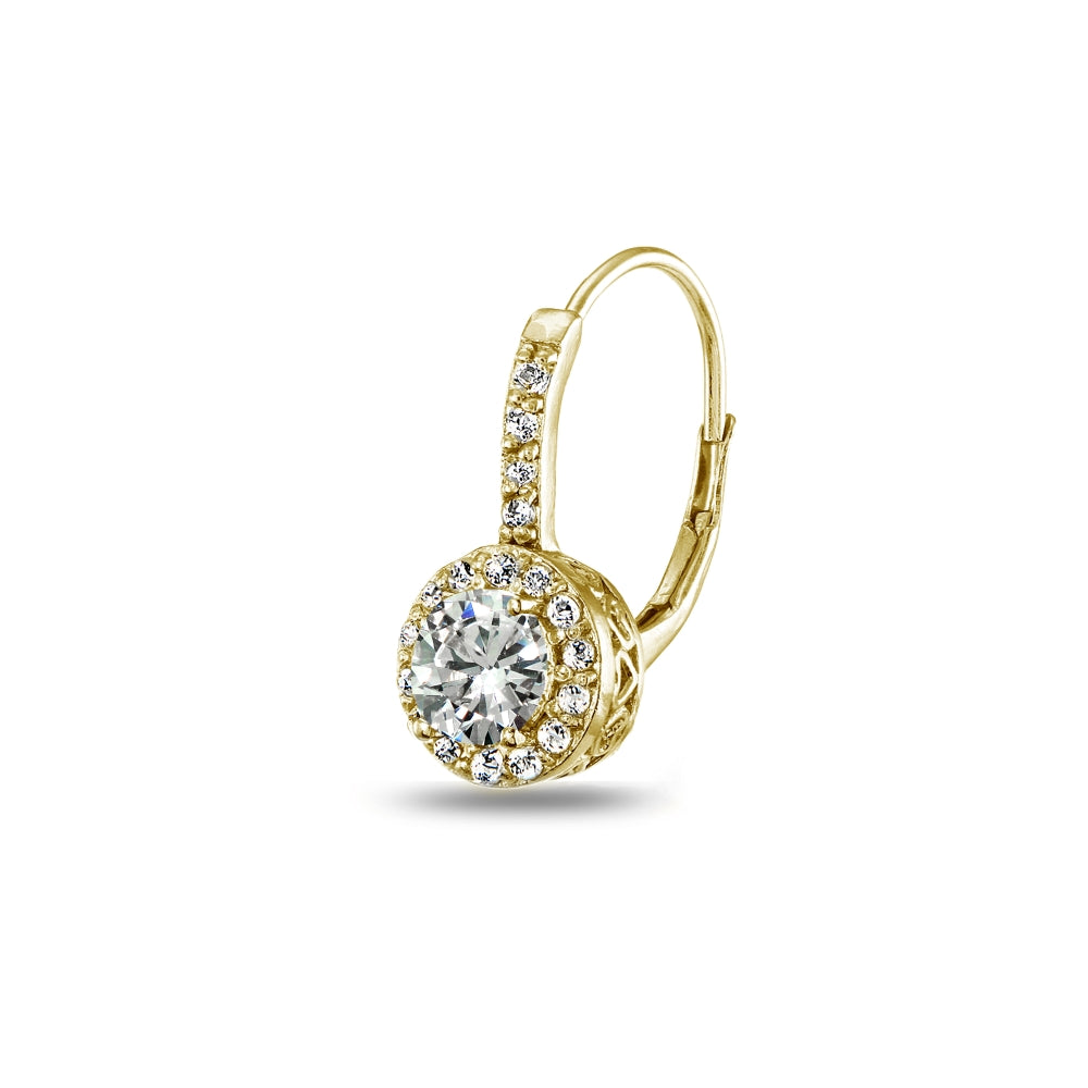Yellow Gold Flashed Sterling Silver Cubic Zirconia Round Dainty Halo Leverback Earrings-3