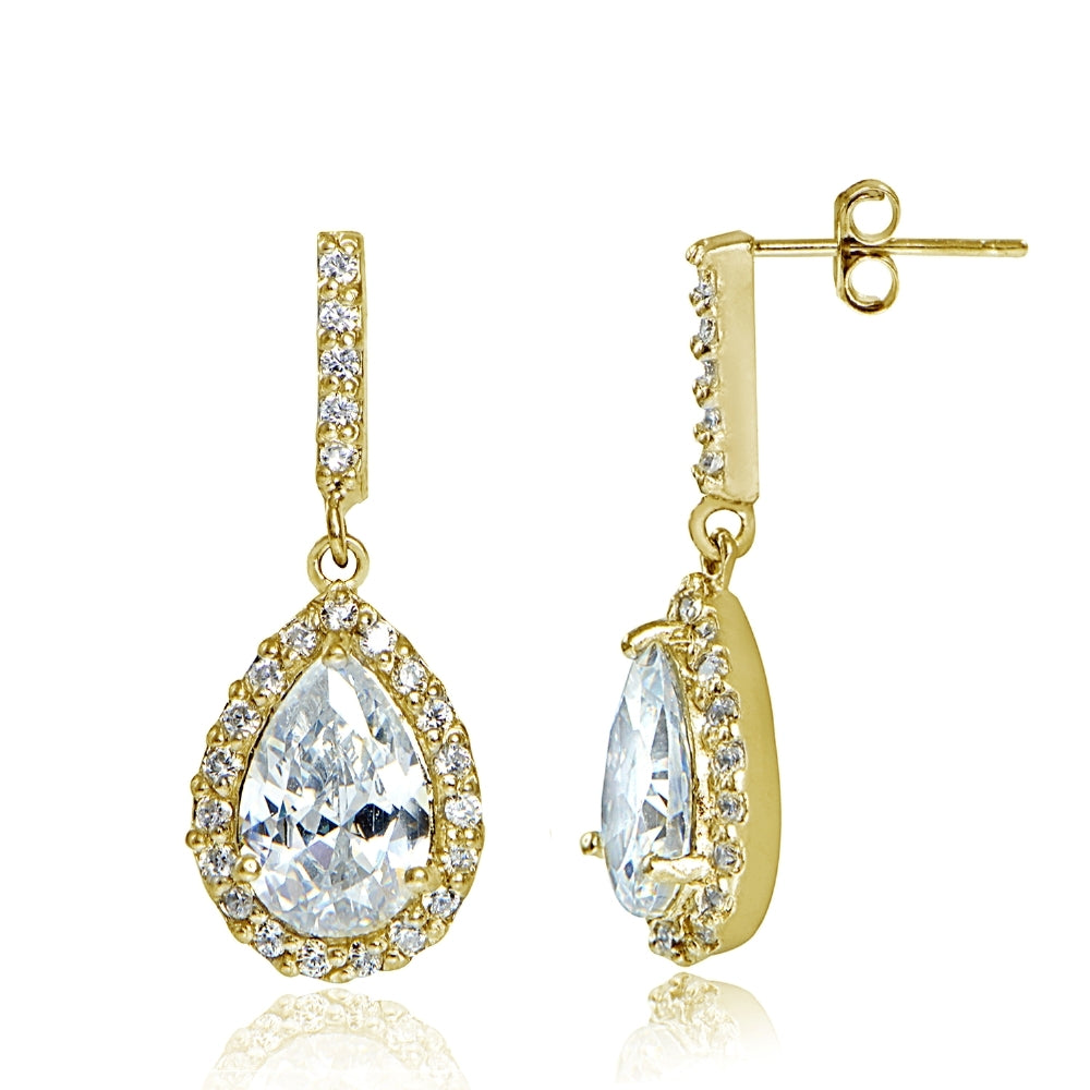Yellow Gold Flashed Sterling Silver Cubic Zirconia Teardrop Dangle Earrings