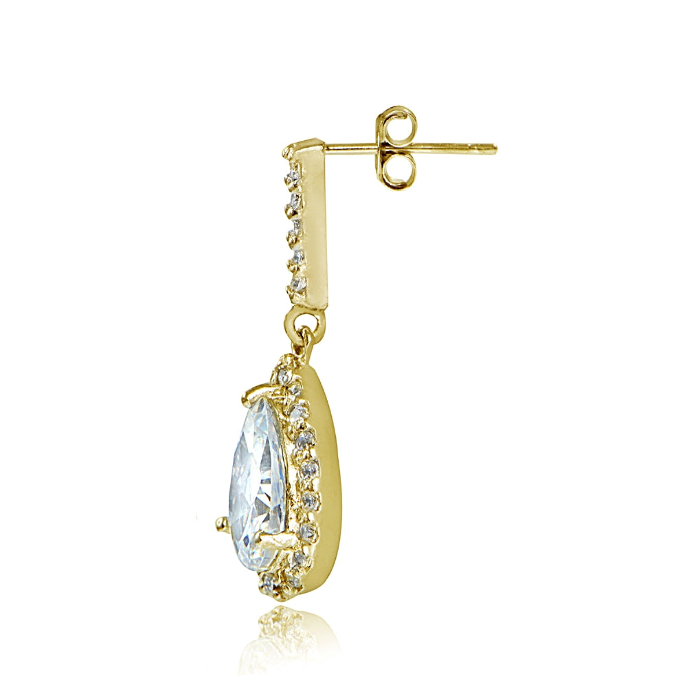 Yellow Gold Flashed Sterling Silver Cubic Zirconia Teardrop Dangle Earrings-2