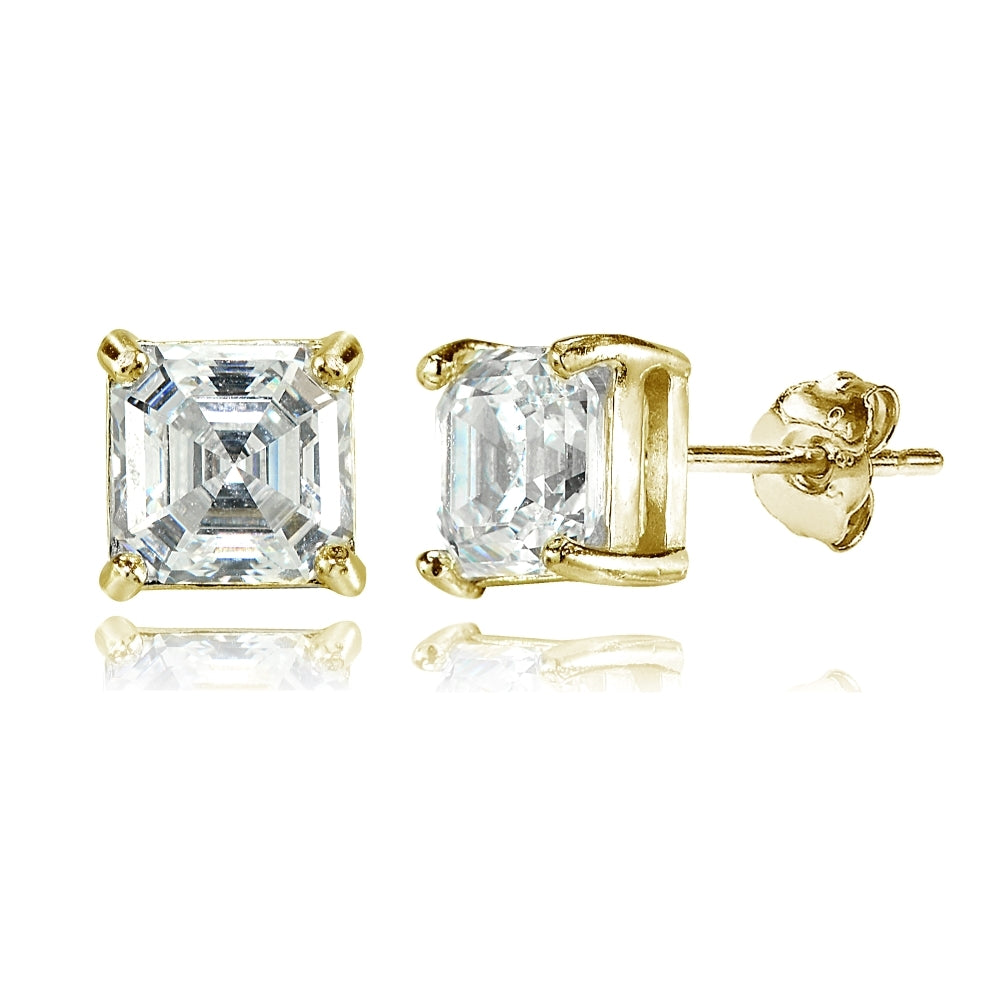 Yellow Gold Flashed Sterling Silver Asscher-Cut 6mm Stud Earrings Made with Swarovski Zirconia