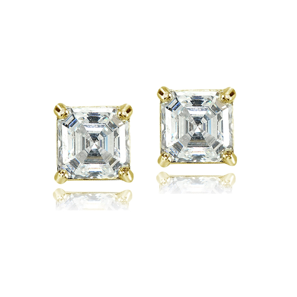 Yellow Gold Flashed Sterling Silver Asscher-Cut 6mm Stud Earrings Made with Swarovski Zirconia-3