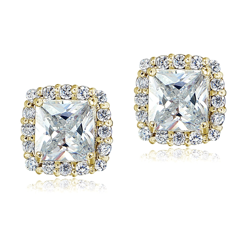 Yellow Gold Flashed Sterling Silver Cubic Zirconia Princess-Cut Square Halo Stud Earrings