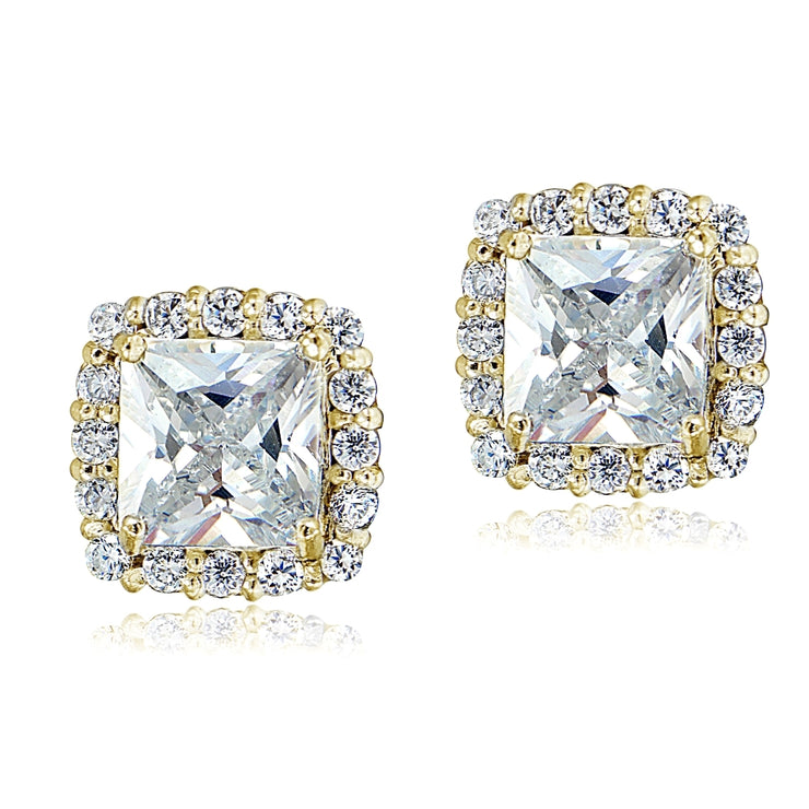 Yellow Gold Flashed Sterling Silver Cubic Zirconia Princess-Cut Square Halo Stud Earrings