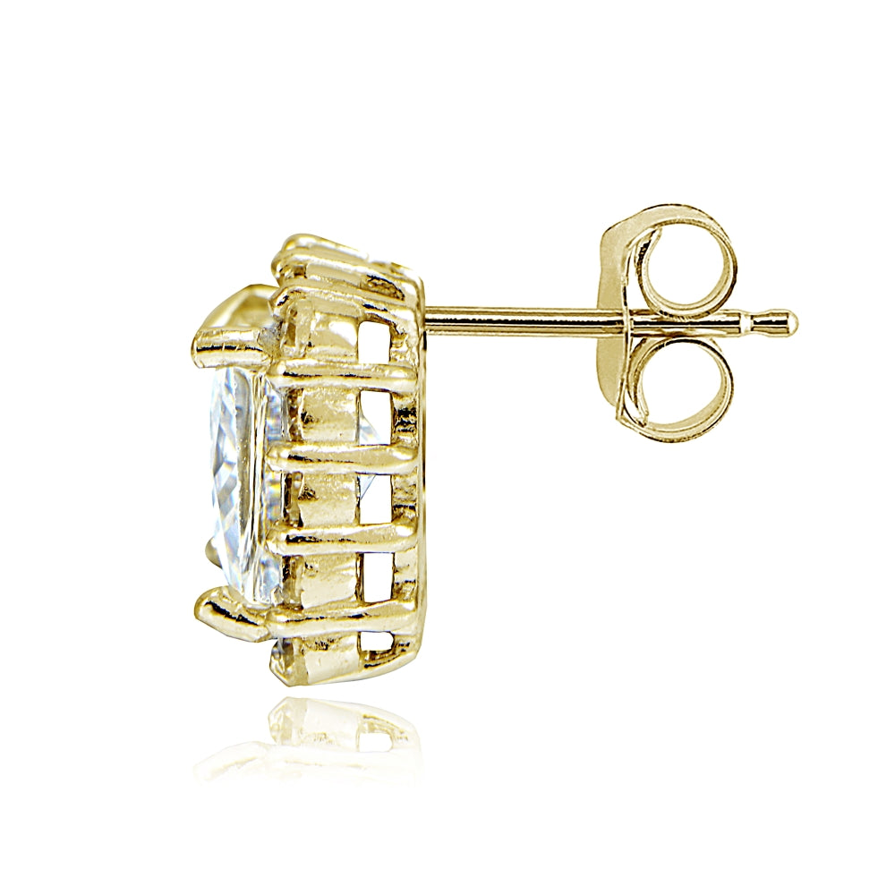 Yellow Gold Flashed Sterling Silver Cubic Zirconia Princess-Cut Square Halo Stud Earrings-2