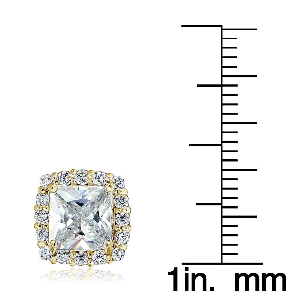 Yellow Gold Flashed Sterling Silver Cubic Zirconia Princess-Cut Square Halo Stud Earrings-3