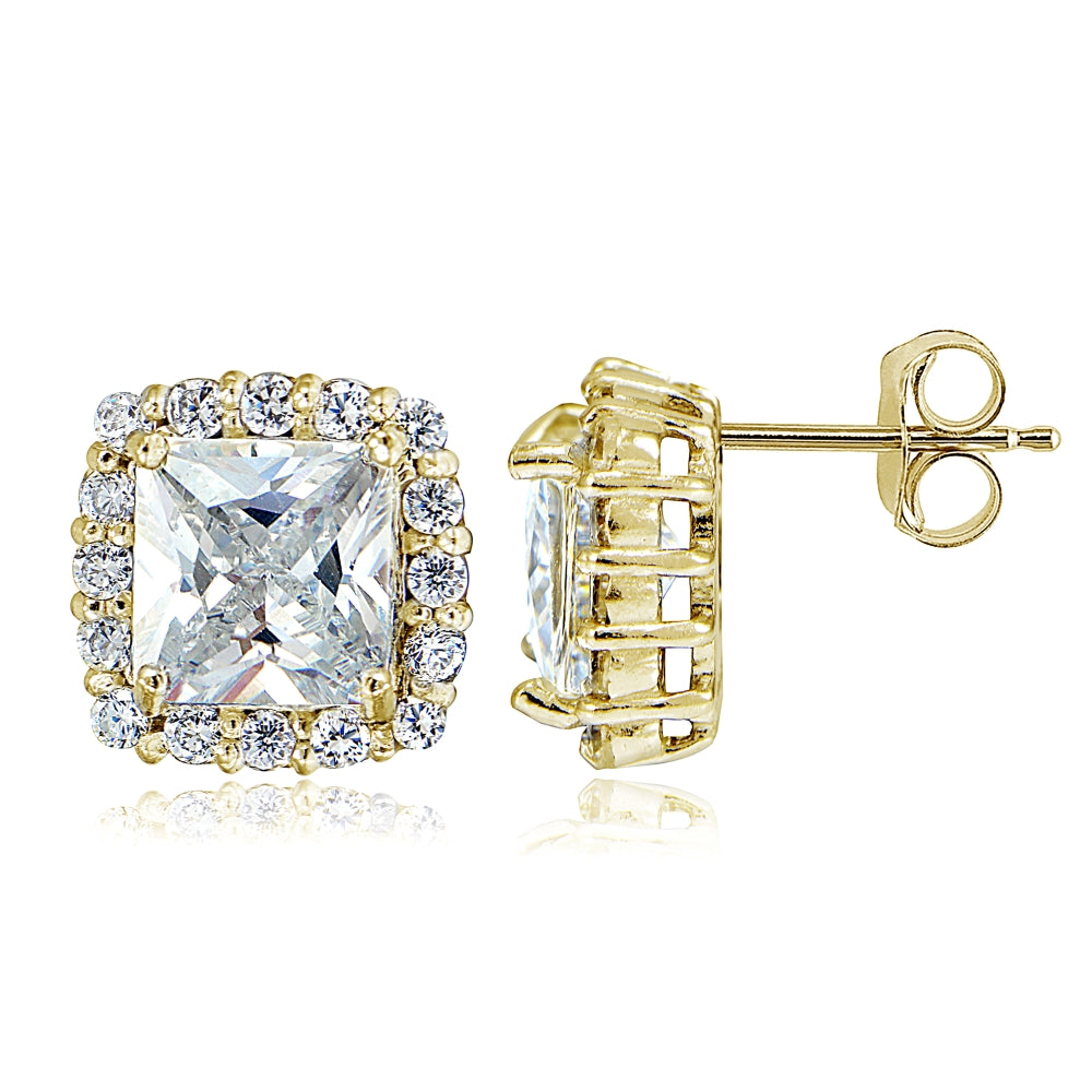 Yellow Gold Flashed Sterling Silver Cubic Zirconia Princess-Cut Square Halo Stud Earrings-4