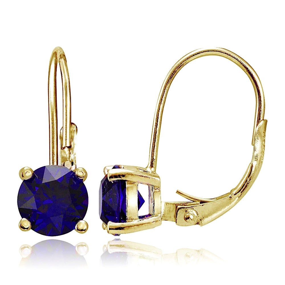 Yellow Gold Flashed Sterling Silver Created Blue Sapphire 6mm Round Leverback Earrings