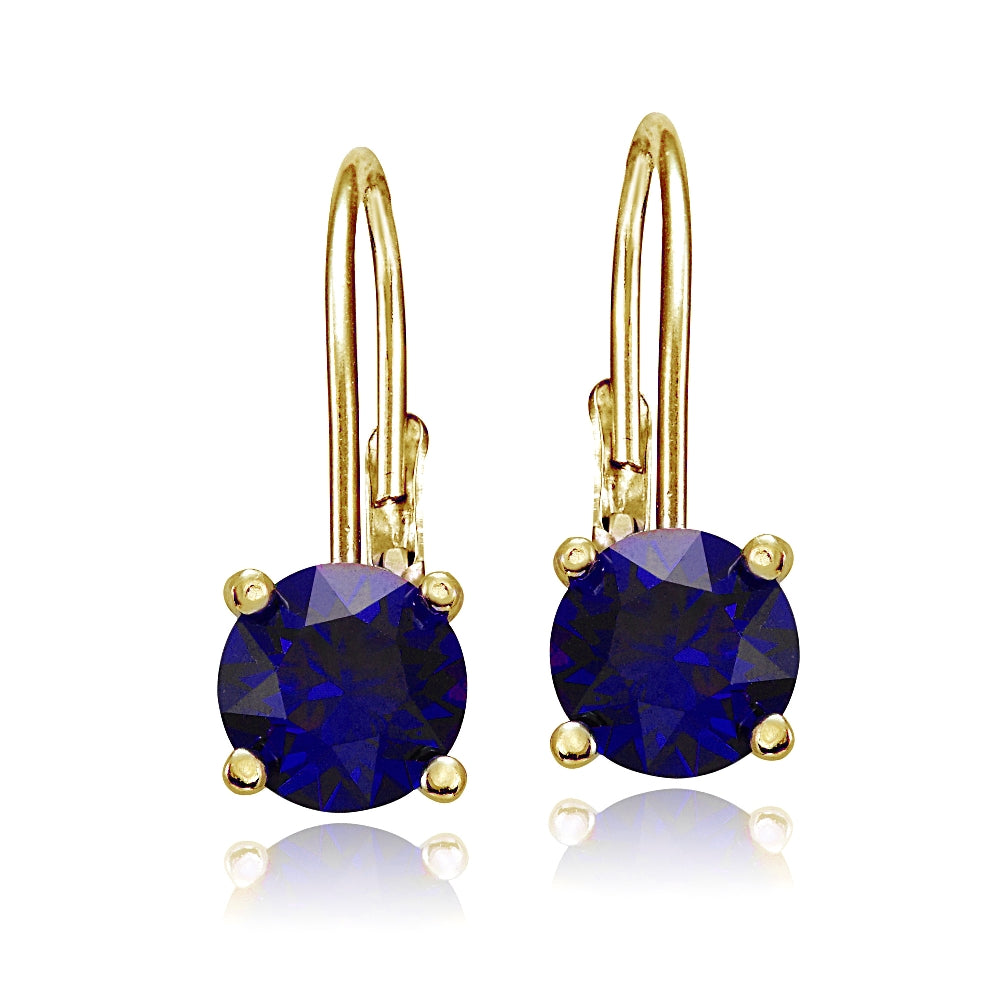 Yellow Gold Flashed Sterling Silver Created Blue Sapphire 6mm Round Leverback Earrings-2