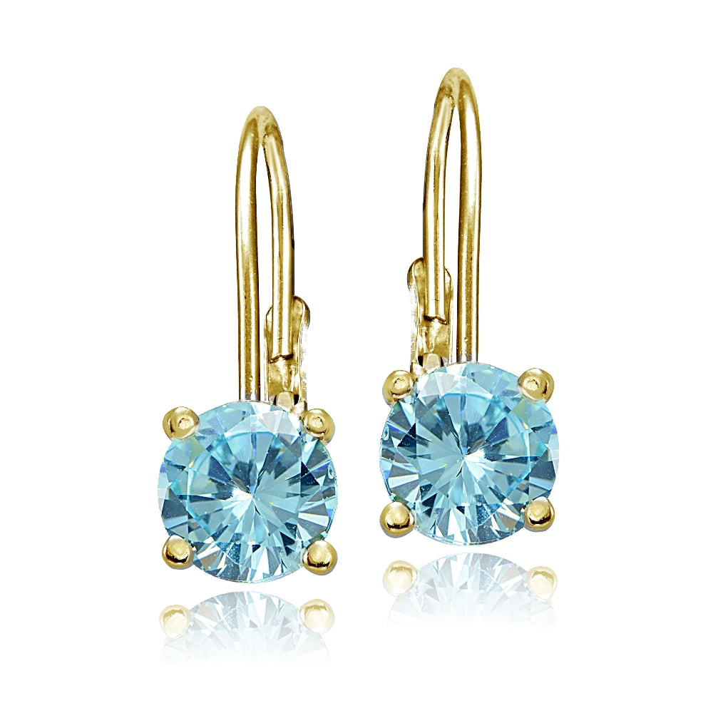Yellow Gold Flashed Sterling Silver Blue Topaz 6mm Round Leverback Earrings-2