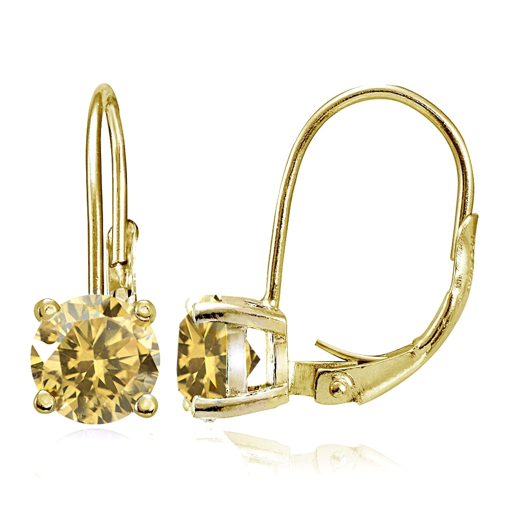 Yellow Gold Flashed Sterling Silver Citrine 6mm Round Leverback Earrings