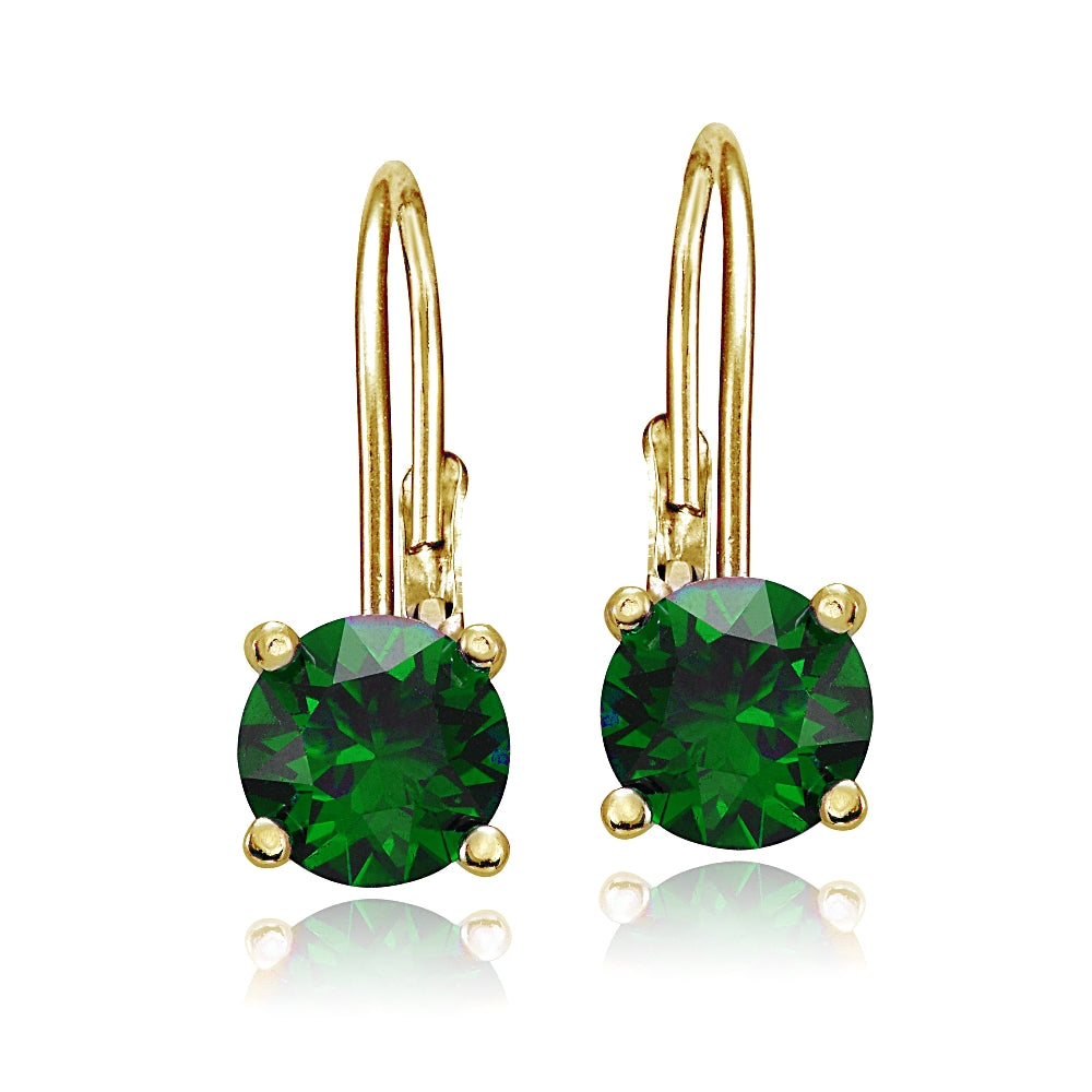Yellow Gold Flashed Sterling Silver Created Emerald Leverback Earrings-2