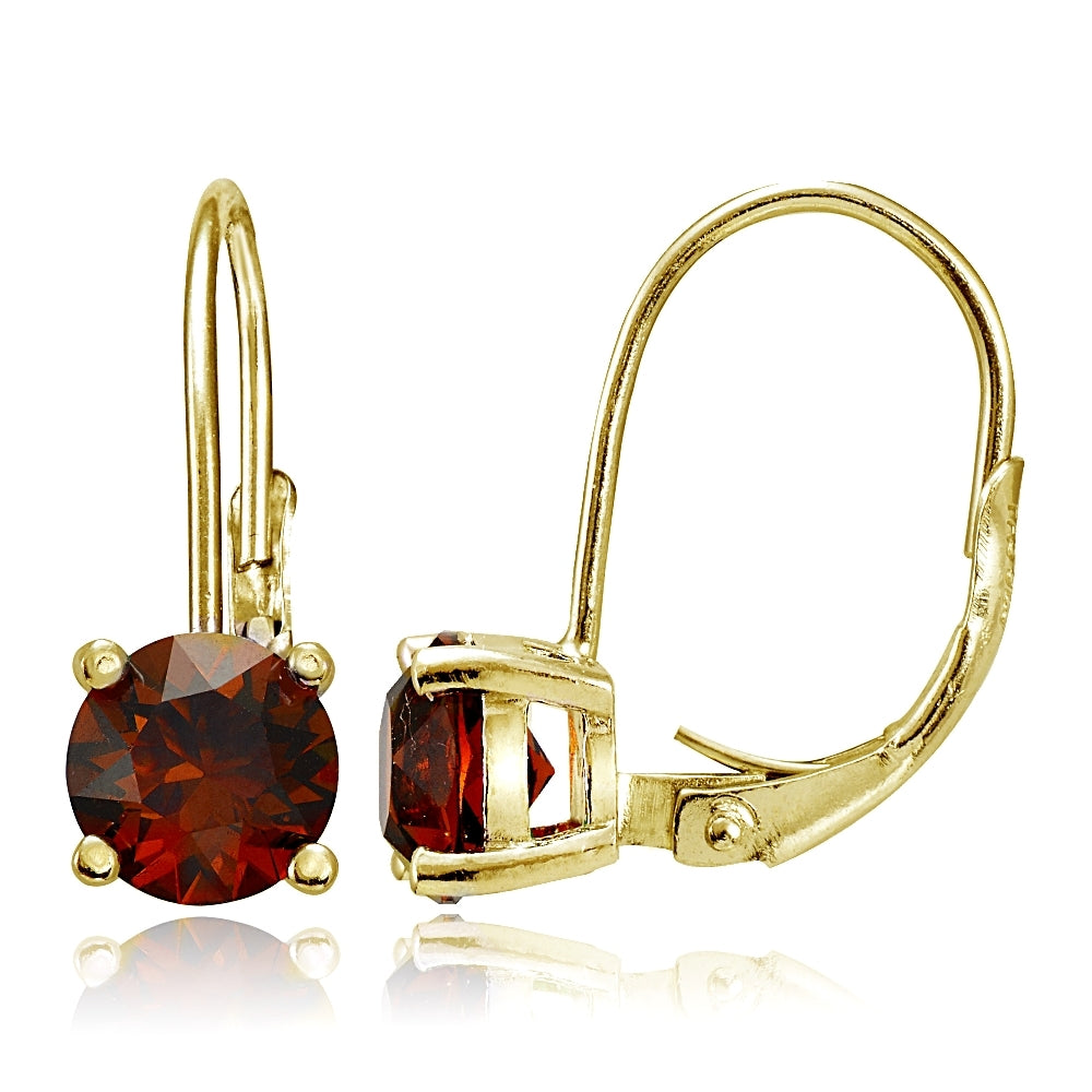 Yellow Gold Flashed Sterling Silver Garnet 6mm Round Leverback Earrings