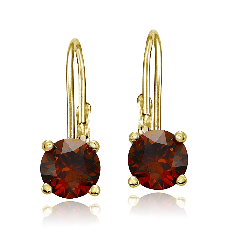 Yellow Gold Flashed Sterling Silver Garnet 6mm Round Leverback Earrings-2