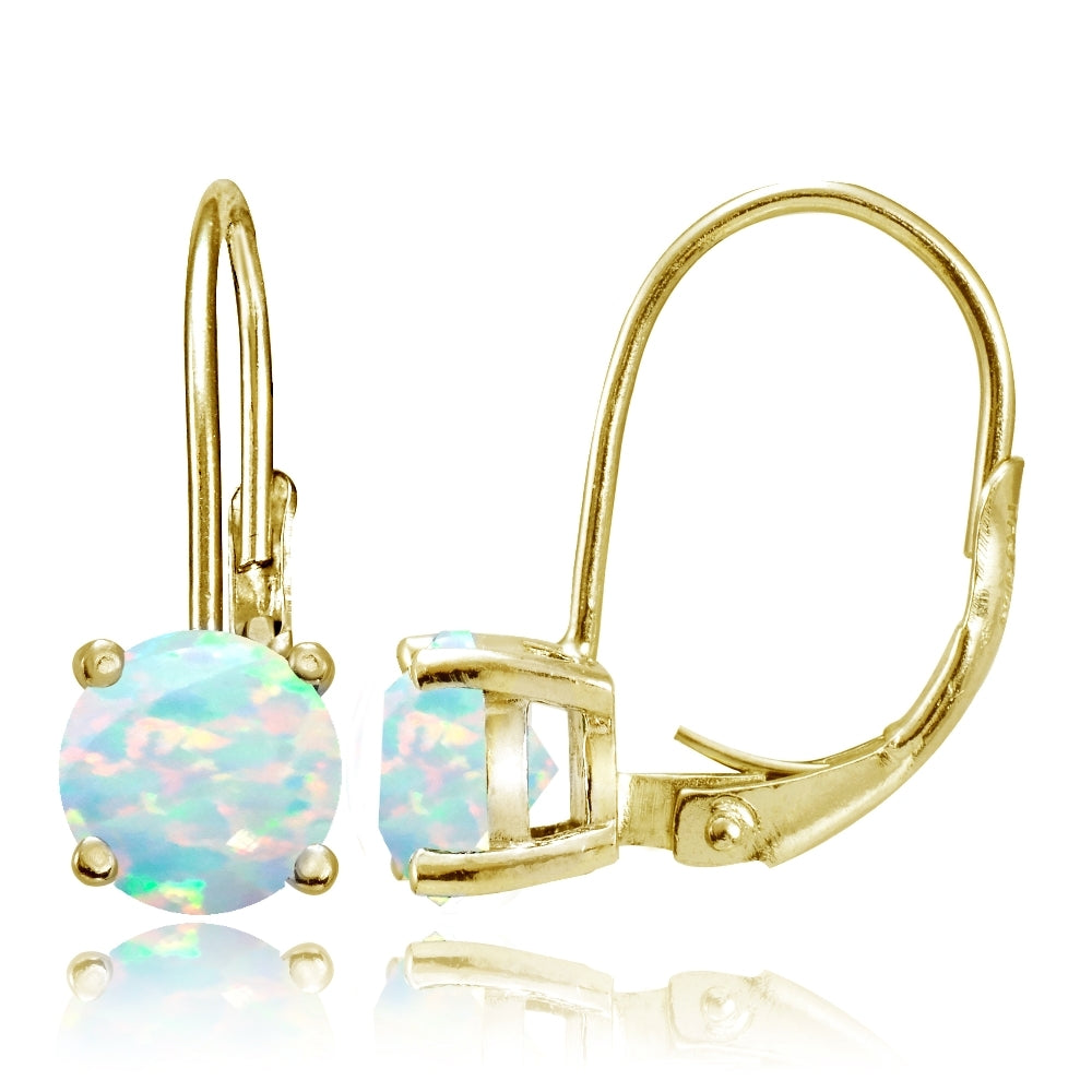 Yellow Gold Flashed Sterling Silver Created Opal 6mm Round Leverback Earrings