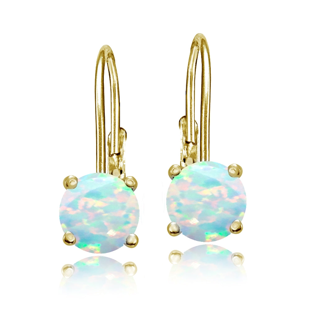 Yellow Gold Flashed Sterling Silver Created Opal 6mm Round Leverback Earrings-2