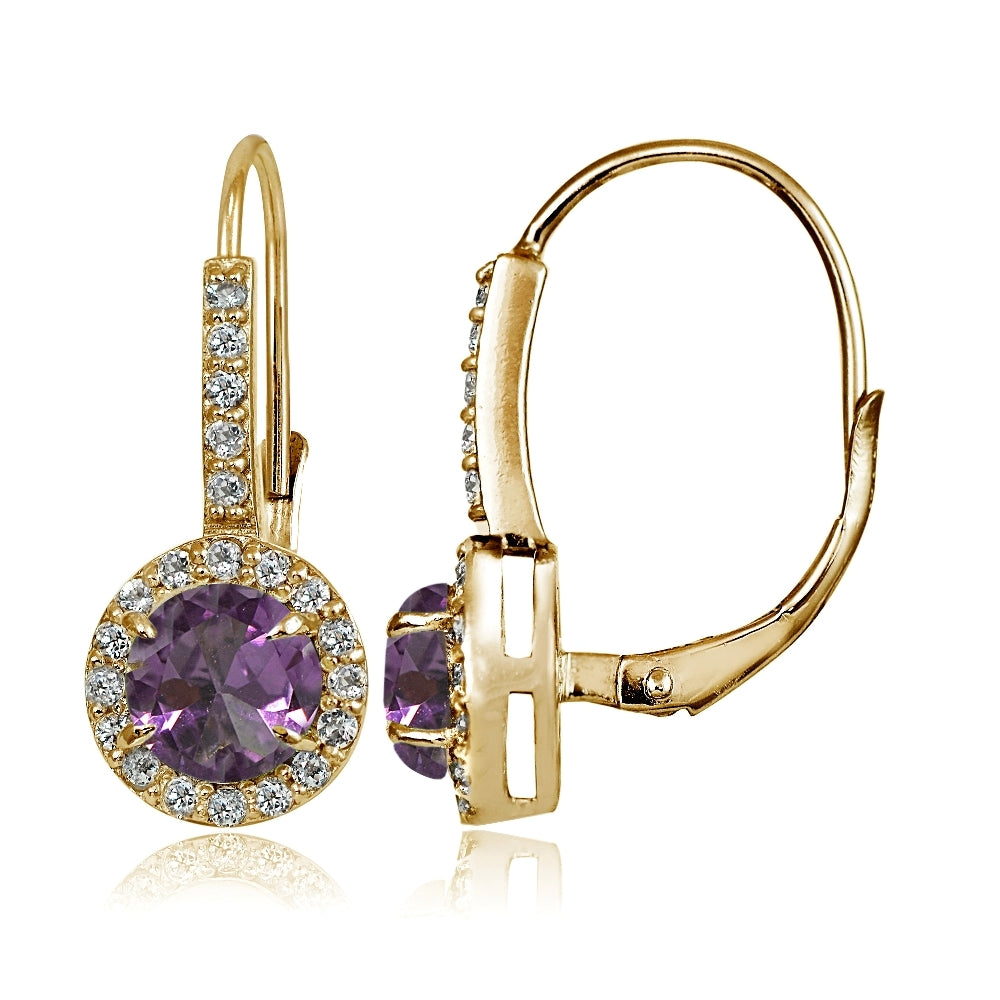 Yellow Gold Flashed Sterling Siver Created Alexandrite and Cubic Zirconia Accents Round Leverback Earrings