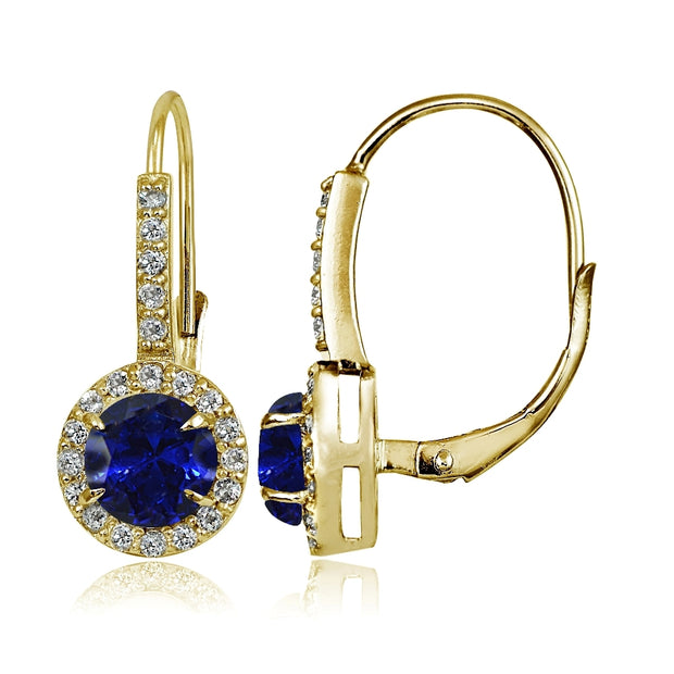 Yellow Gold Flashed Sterling Silver Created Blue Sapphire and Cubic Zirconia Accents Round Leverback Earrings