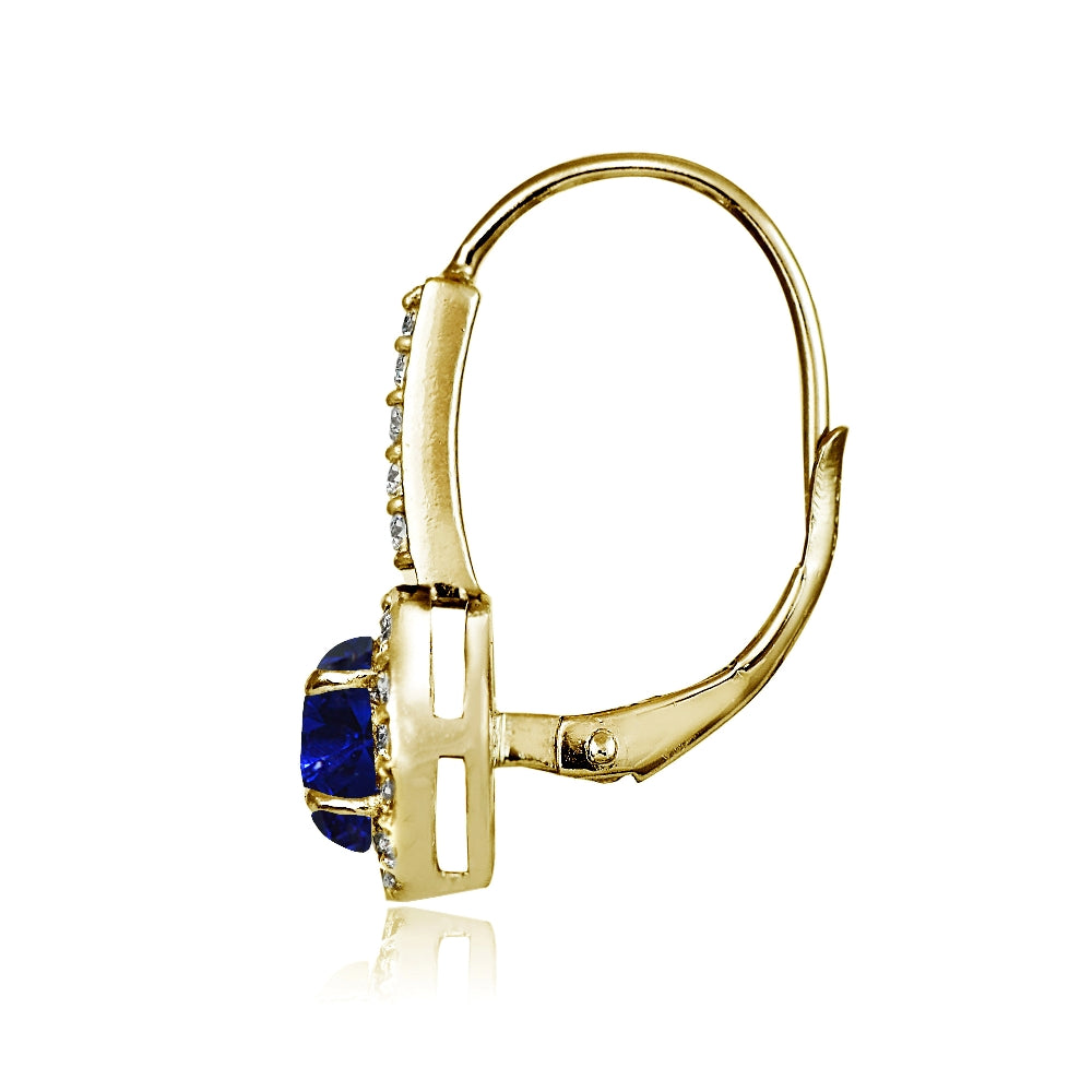Yellow Gold Flashed Sterling Silver Created Blue Sapphire and Cubic Zirconia Accents Round Leverback Earrings-2