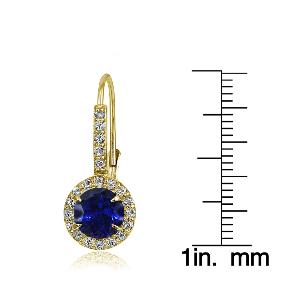 Yellow Gold Flashed Sterling Silver Created Blue Sapphire and Cubic Zirconia Accents Round Leverback Earrings-3