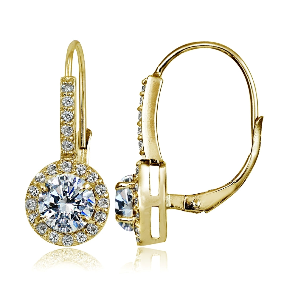 Yellow Gold Flashed Sterling Silver Created White Sapphire Round Leverback Earrings
