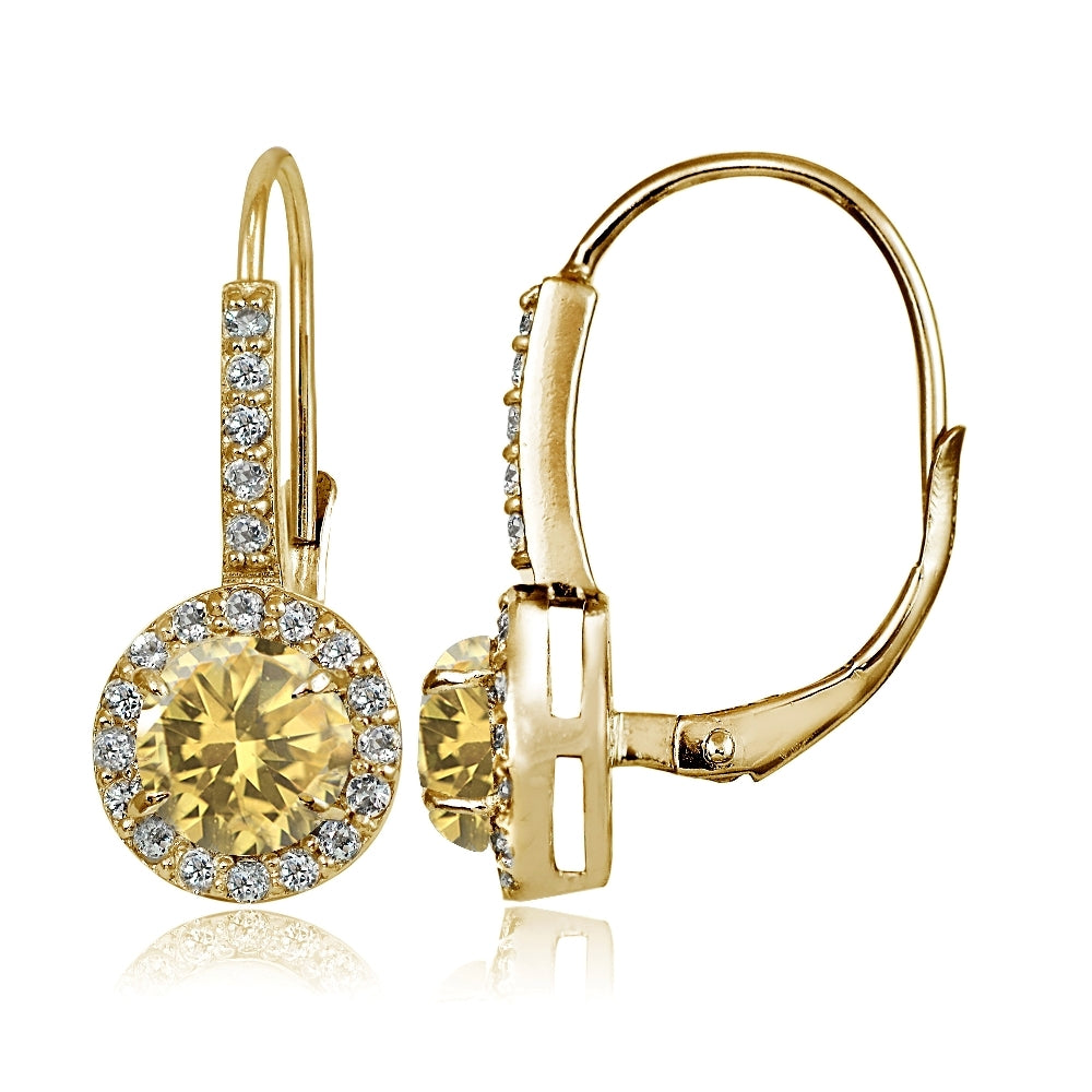 Yellow Gold Flashed Sterling Silver Citrine and Cubic Zirconia Accents Round Leverback Earrings