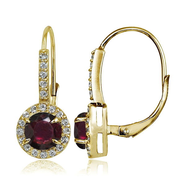 Yellow Gold Flashed Sterling Silver Garnet and Cubic Zirconia Accents Round Leverback Earrings