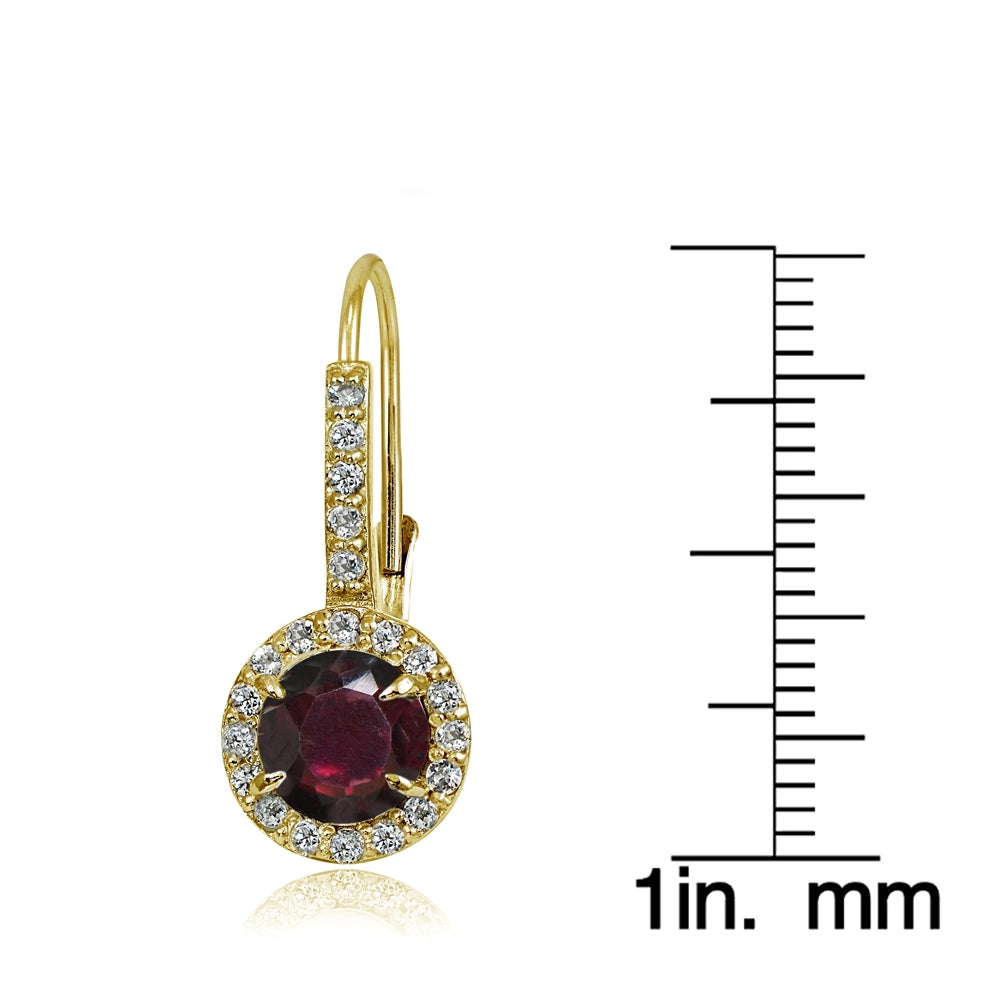 Yellow Gold Flashed Sterling Silver Garnet and Cubic Zirconia Accents Round Leverback Earrings-2