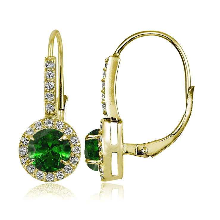 Yellow Gold Flashed Sterling Silver Created Emerald and Cubic Zirconia Accents Round Leverback Earrings