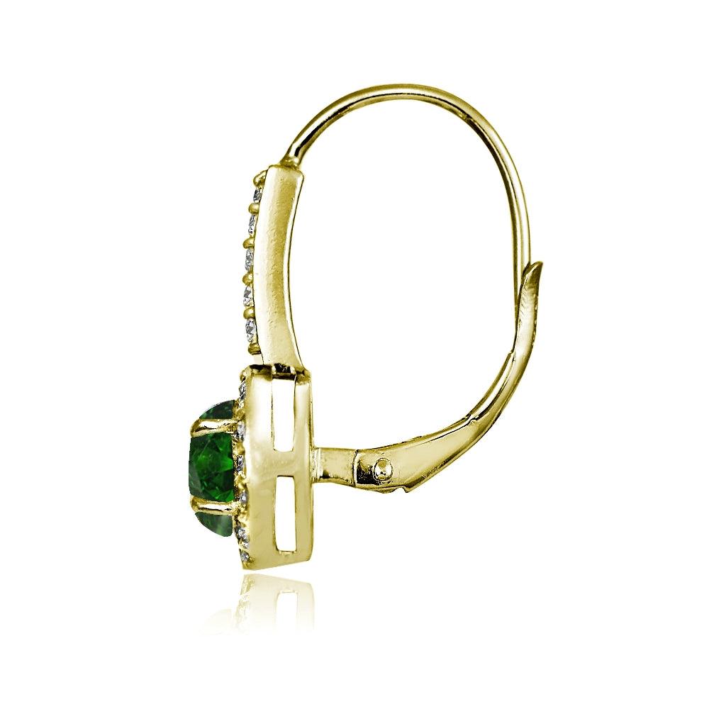 Yellow Gold Flashed Sterling Silver Created Emerald and Cubic Zirconia Accents Round Leverback Earrings-3