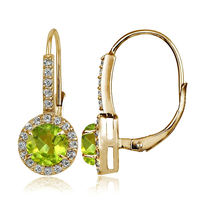Yellow Gold Flashed Sterling Silver Peridot and Cubic Zirconia Accents Round Leverback Earrings