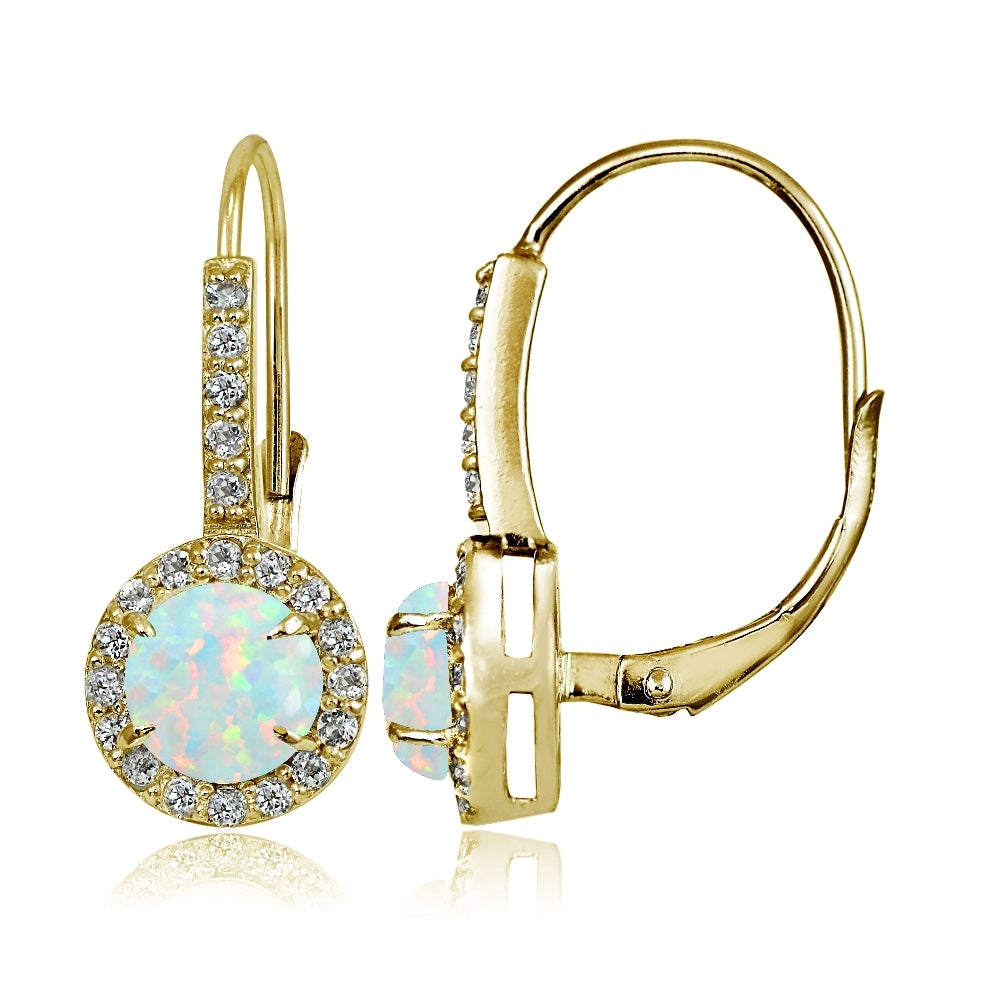 Yellow Gold Flashed Sterling Silver Created White Opal and Cubic Zirconia Accents Round Leverback Earrings