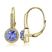 Yellow Gold Flashed Sterling Silver Tanzanite and White Topaz Round Leverback Earrings