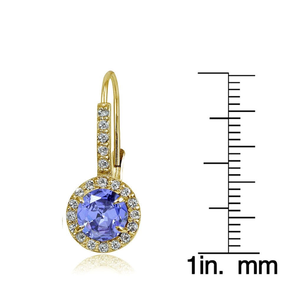 Yellow Gold Flashed Sterling Silver Tanzanite and White Topaz Round Leverback Earrings-3