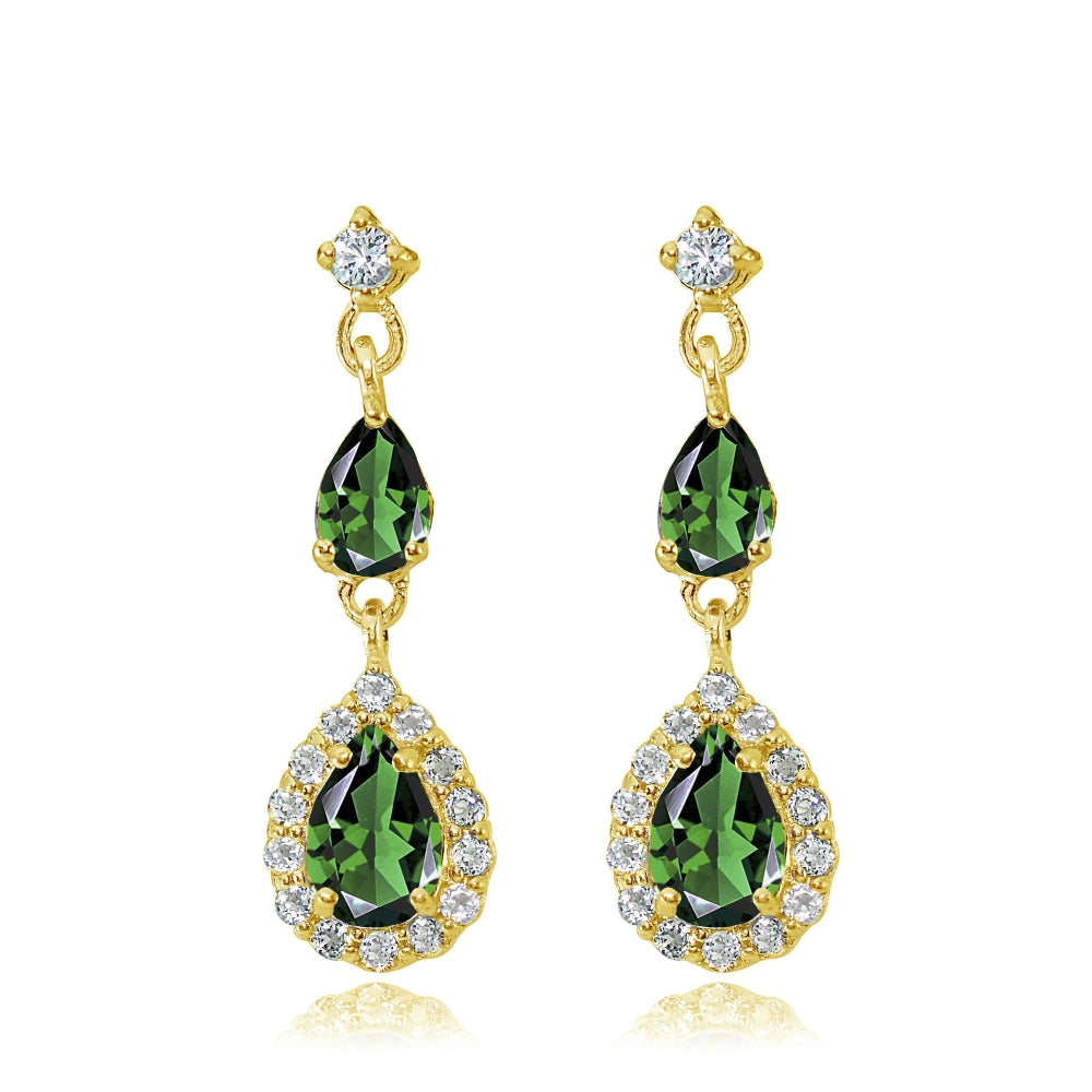 Yellow Gold Flashed Sterling Silver Created Emerald and White Topaz Fashion Teardrop Dangle Earrings-2