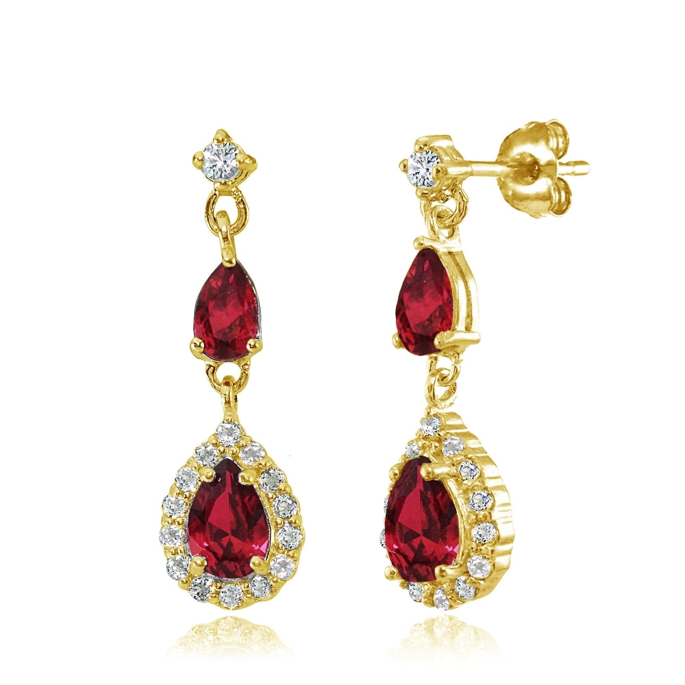 Yellow Gold Flashed Sterling Silver Created Ruby and White Topaz Fashion Teardrop Dangle Earrings