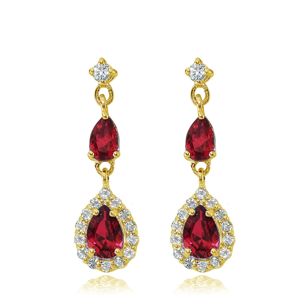 Yellow Gold Flashed Sterling Silver Created Ruby and White Topaz Fashion Teardrop Dangle Earrings-2
